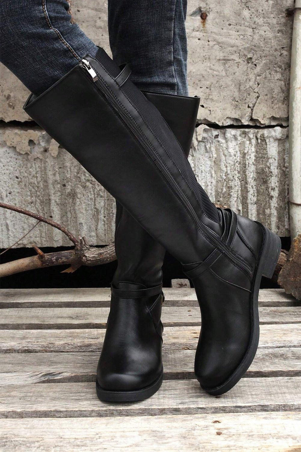 Black Side Zipper Knee High Chunky Low Heel Boots - Crowned Energy CO.