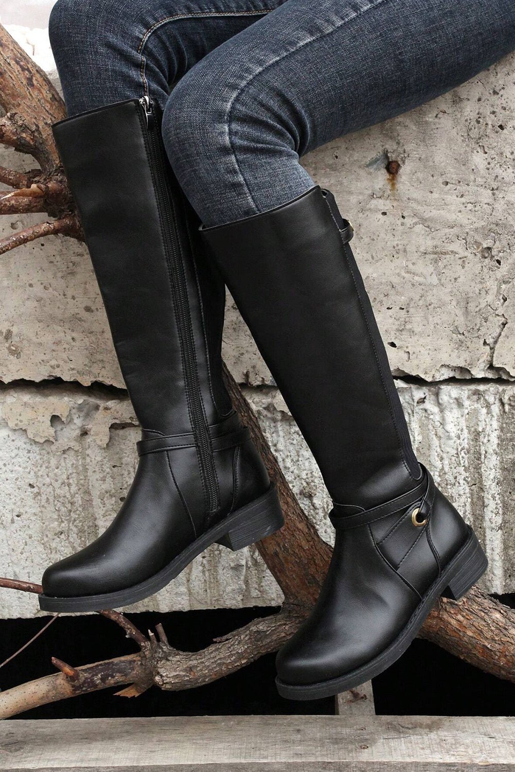 Black Side Zipper Knee High Chunky Low Heel Boots - Crowned Energy CO.