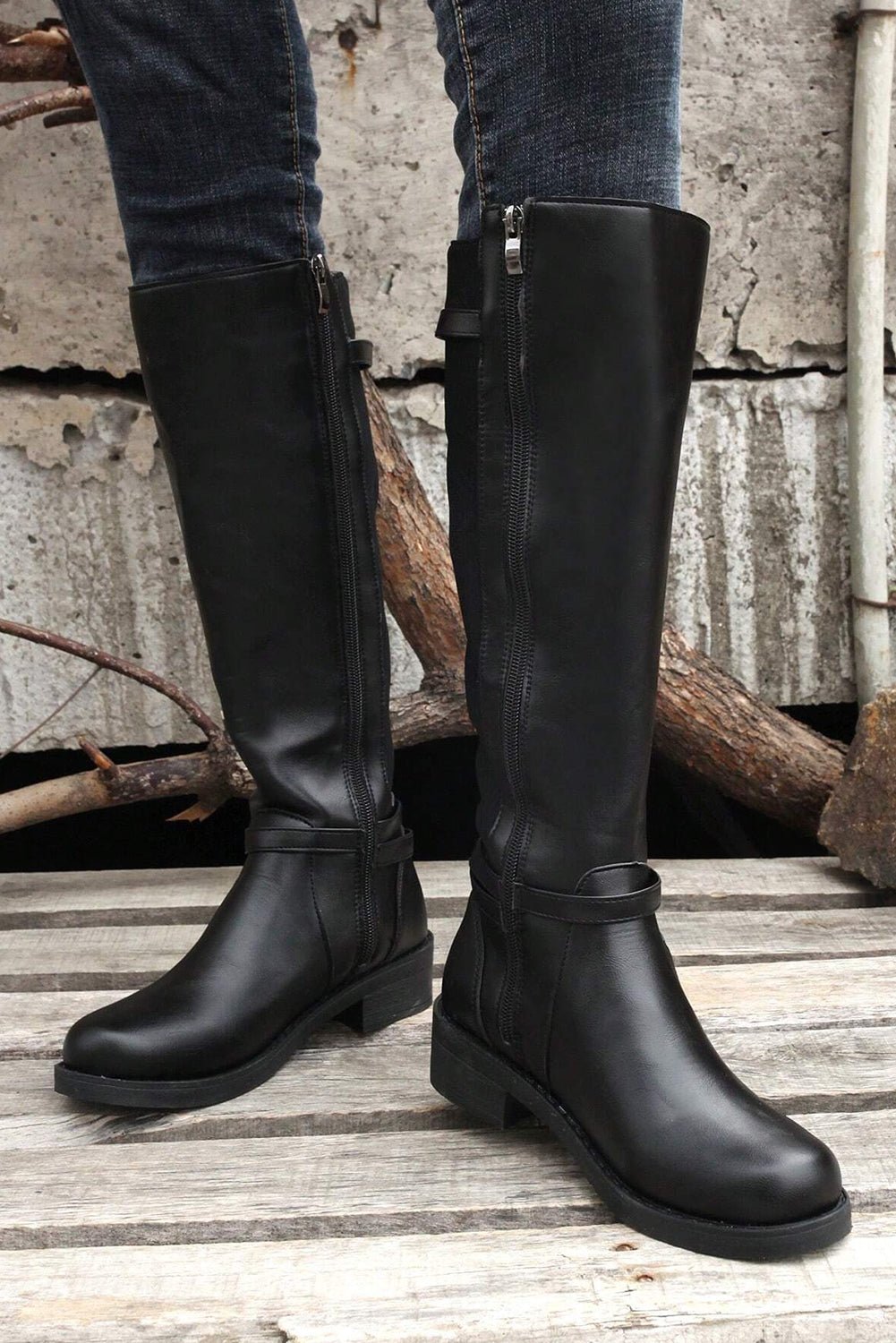 Black Side Zipper Knee High Chunky Low Heel Boots - Crowned Energy CO.