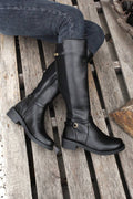 Black Side Zipper Knee High Chunky Low Heel Boots - Crowned Energy CO.