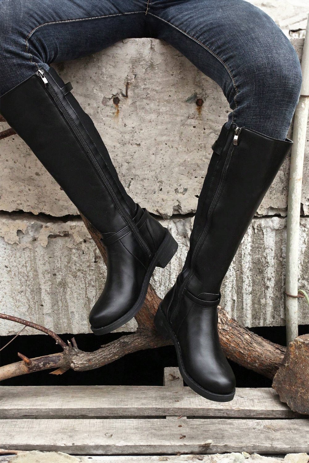 Black Side Zipper Knee High Chunky Low Heel Boots - Crowned Energy CO.