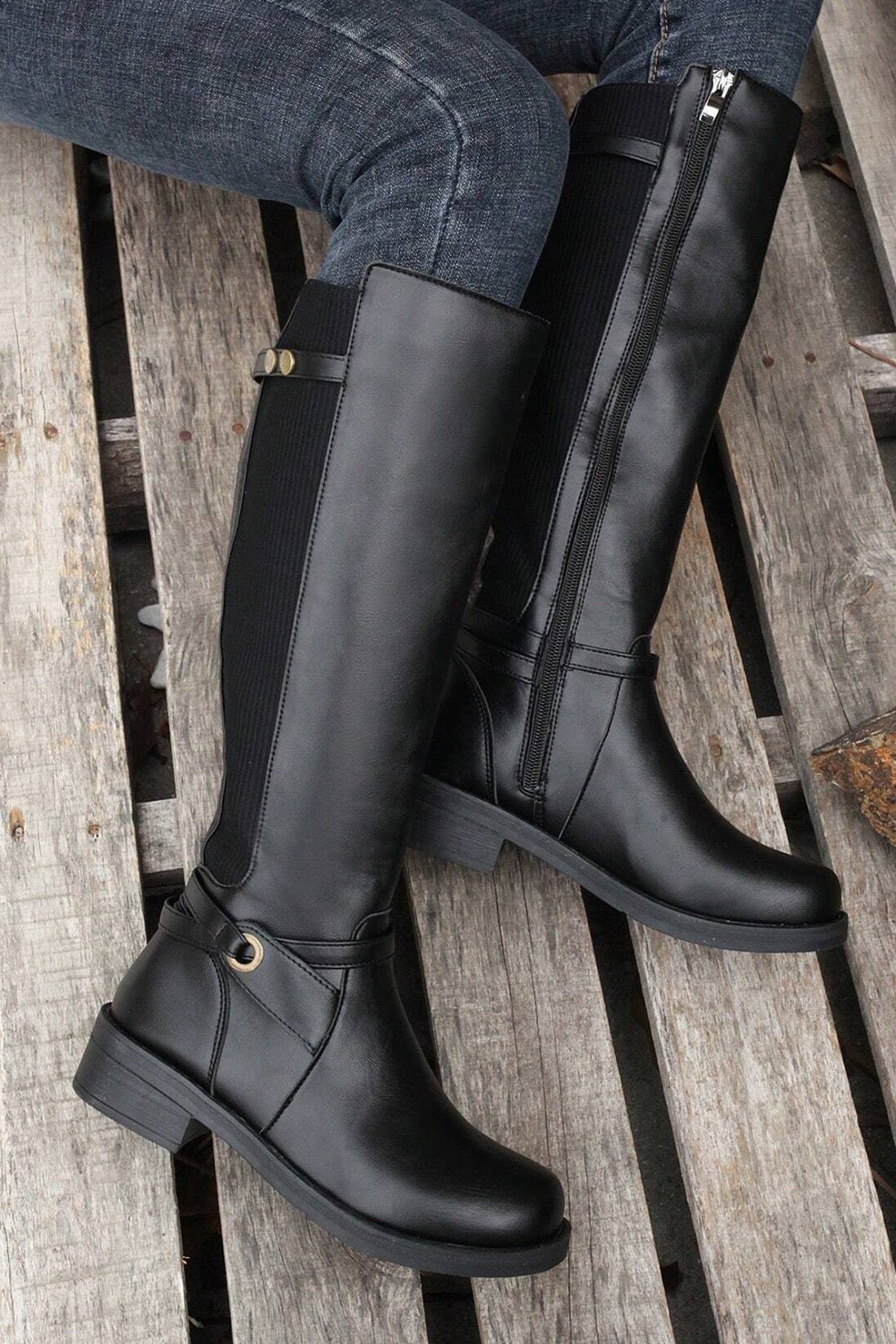 Black Side Zipper Knee High Chunky Low Heel Boots - Crowned Energy CO.