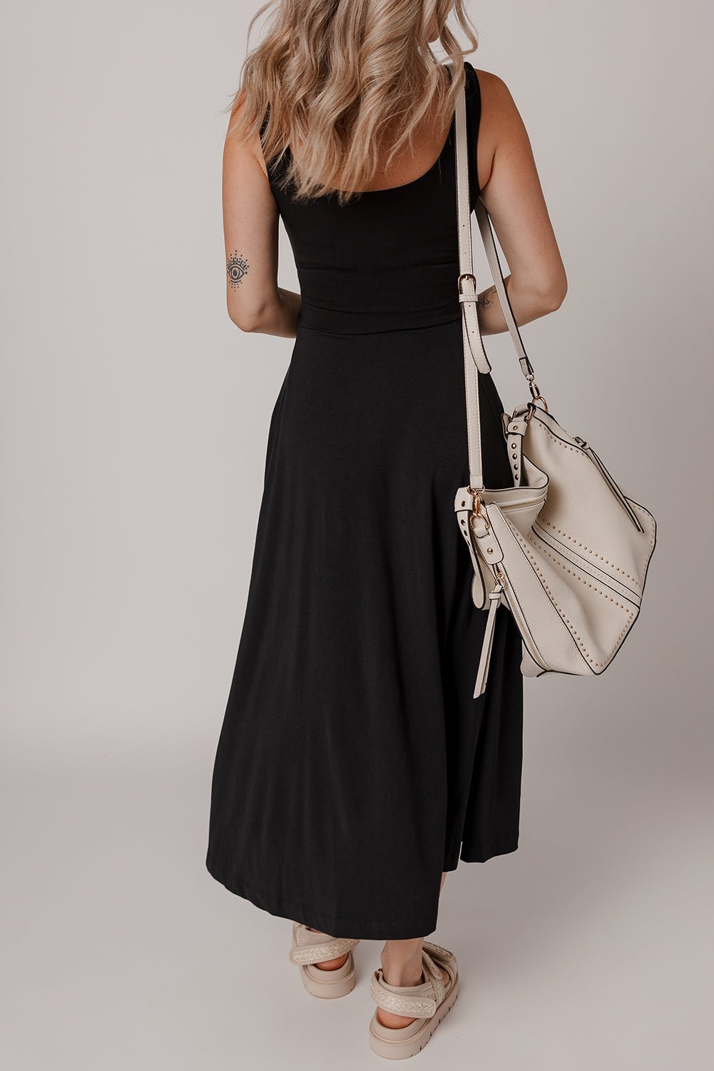 Black Sleeveless Scoop Neck Flared Split Midi Dress - Crowned Energy CO.