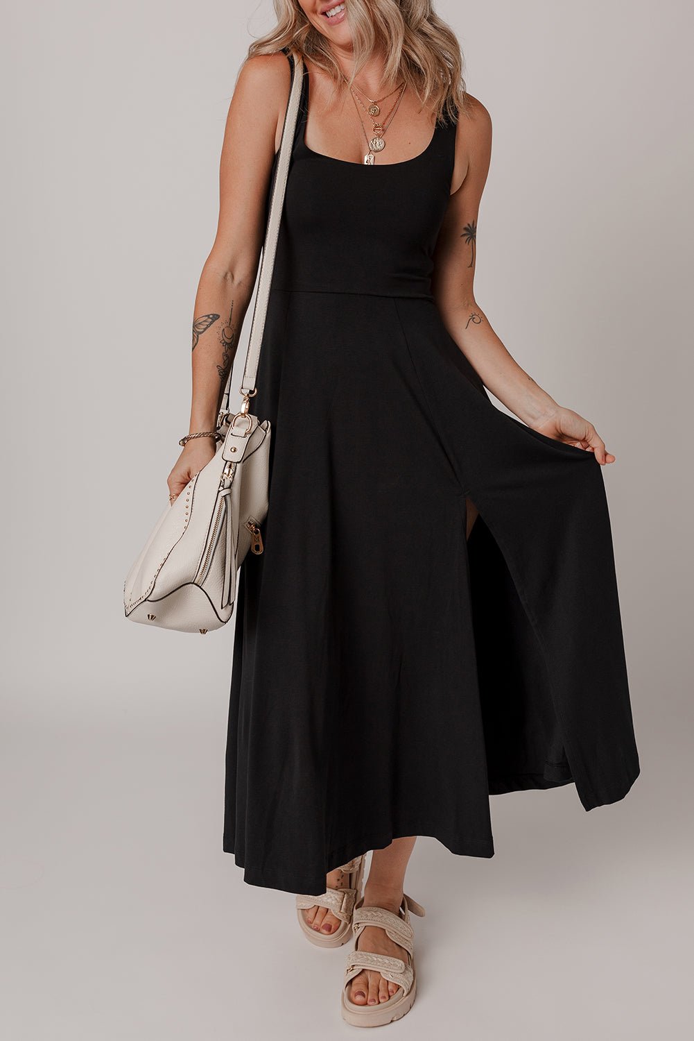 Black Sleeveless Scoop Neck Flared Split Midi Dress - Crowned Energy CO.