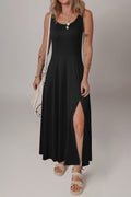Black Sleeveless Scoop Neck Flared Split Midi Dress - Crowned Energy CO.
