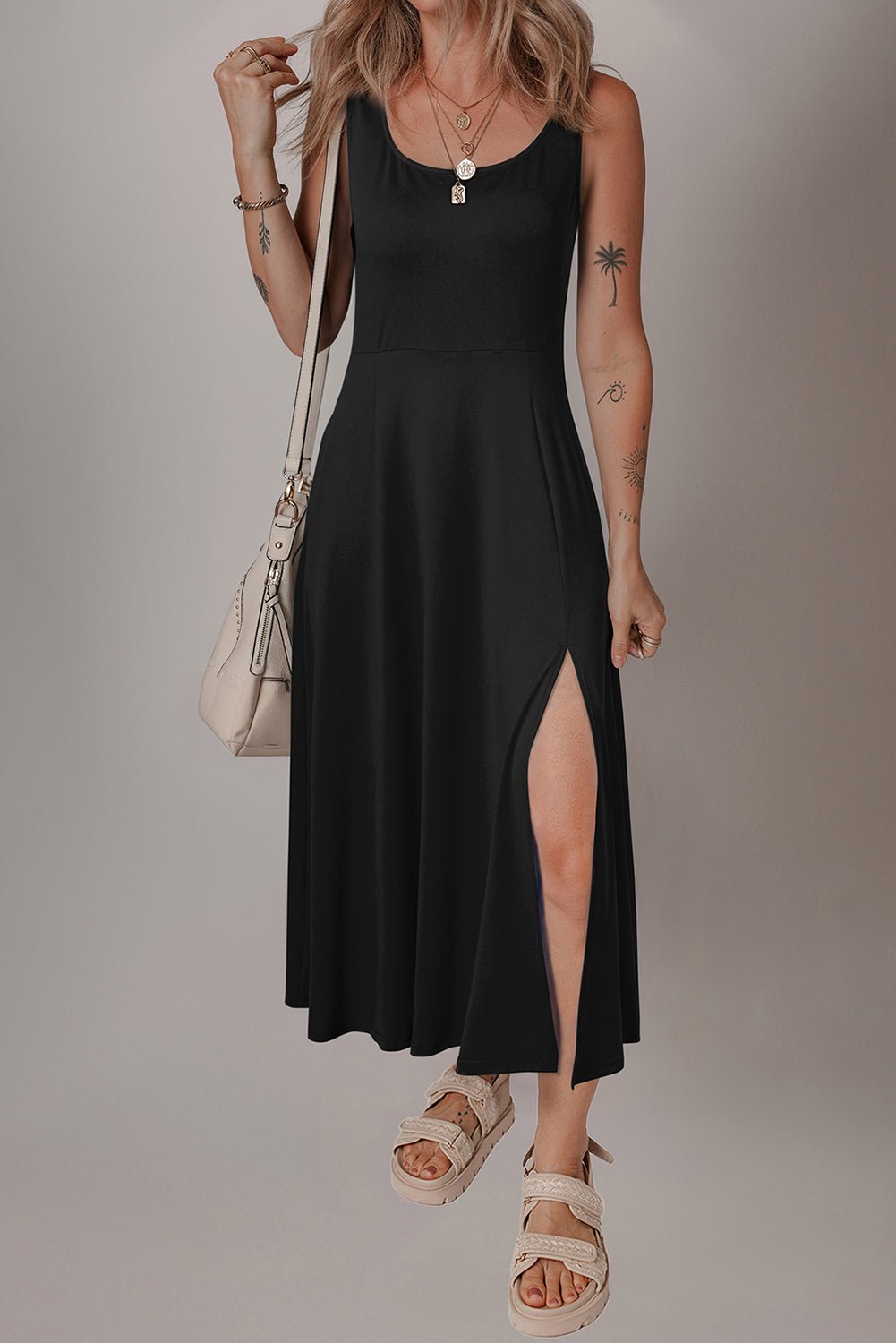 Black Sleeveless Scoop Neck Flared Split Midi Dress - Crowned Energy CO.
