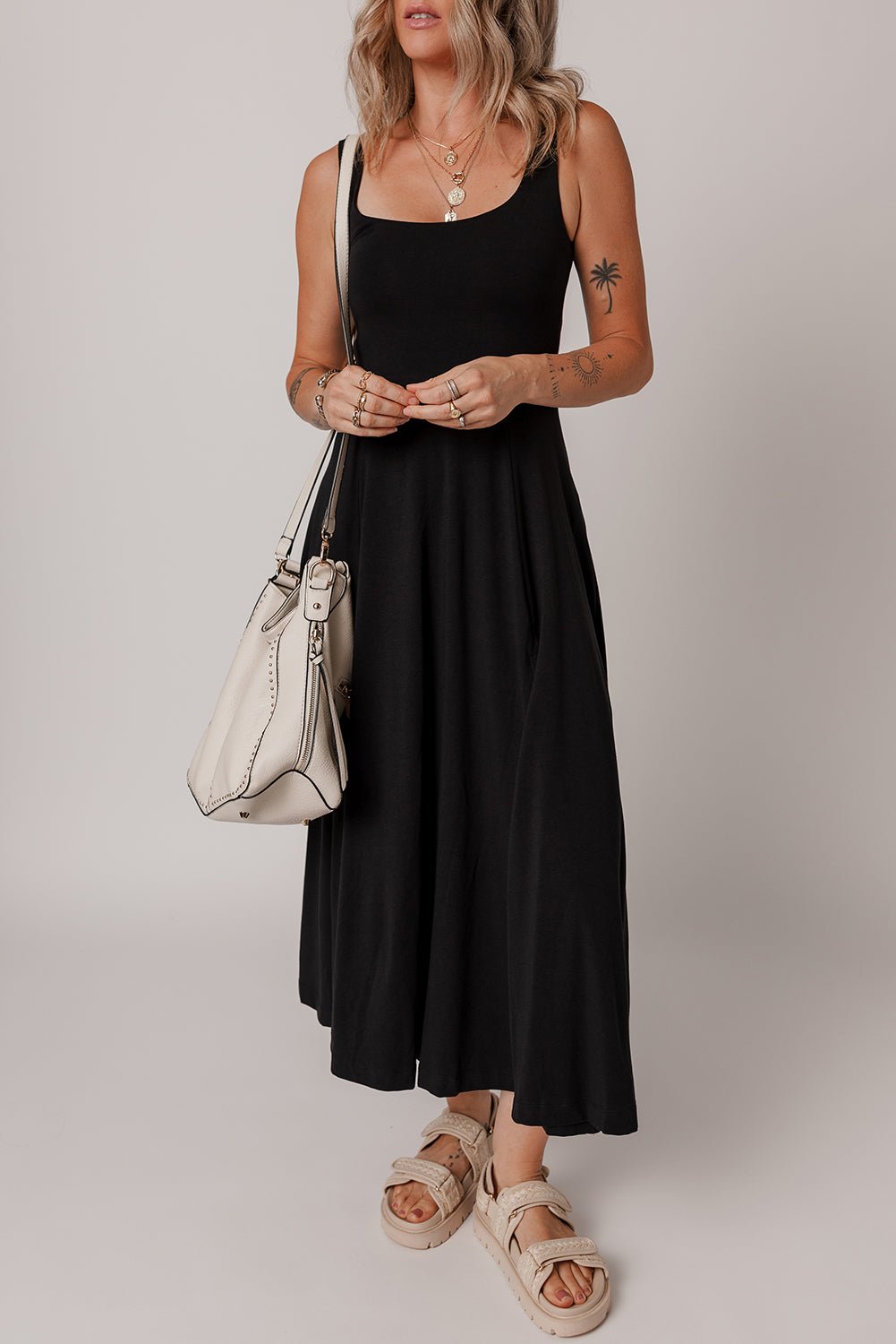 Black Sleeveless Scoop Neck Flared Split Midi Dress - Crowned Energy CO.