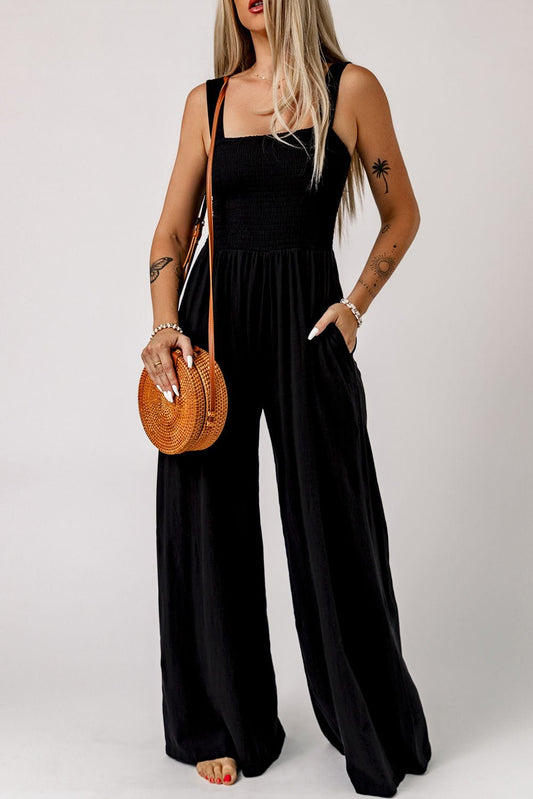 Crowned Energy CO. Black / S / 100%Polyester Dear-Lover Dropshipping Bottoms/Jumpsuits & Rompers Black Smocked Sleeveless Wide Leg Jumpsuit with Pockets