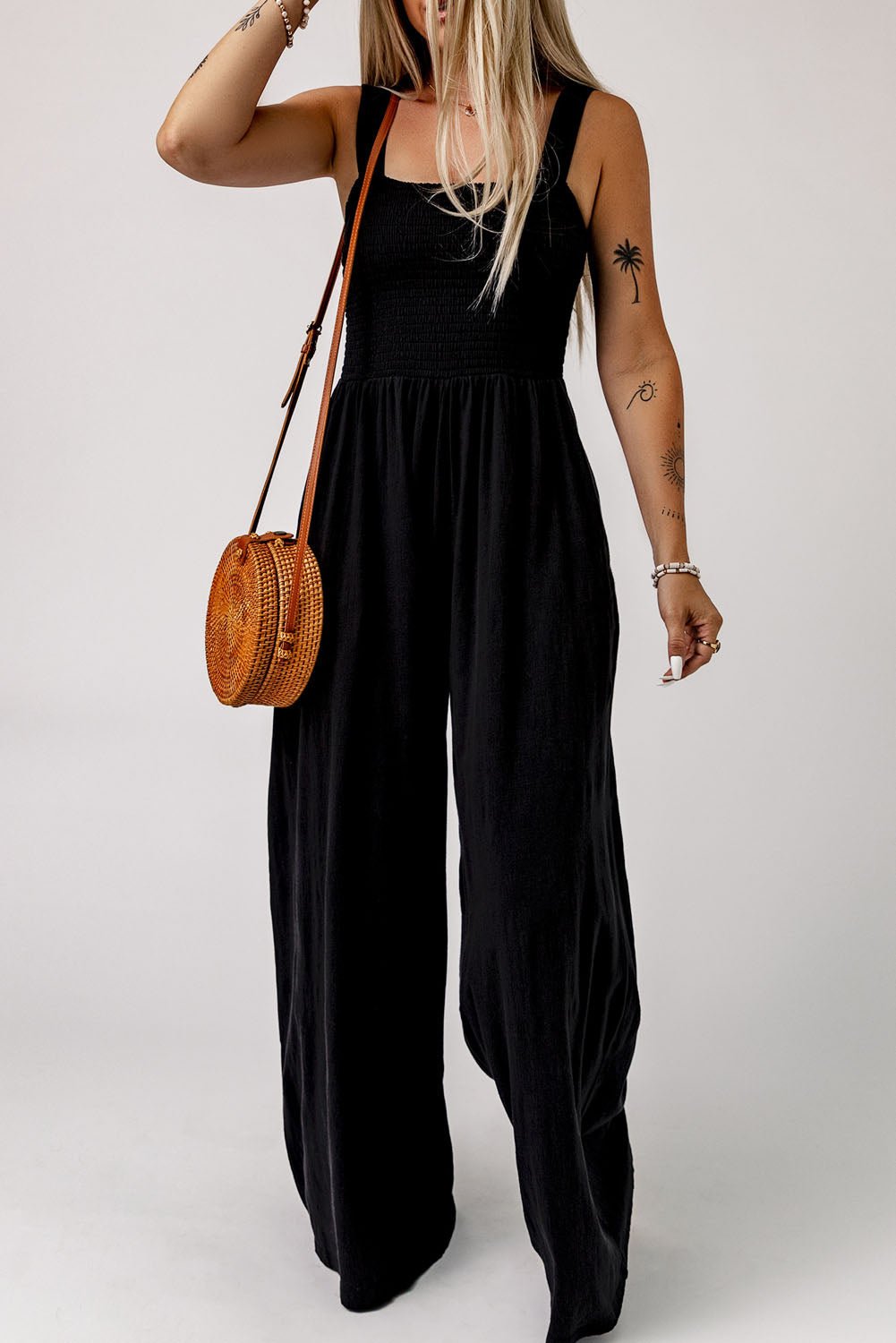 Crowned Energy CO. Black / S / 100%Polyester Dear-Lover Dropshipping Bottoms/Jumpsuits & Rompers Black Smocked Sleeveless Wide Leg Jumpsuit with Pockets