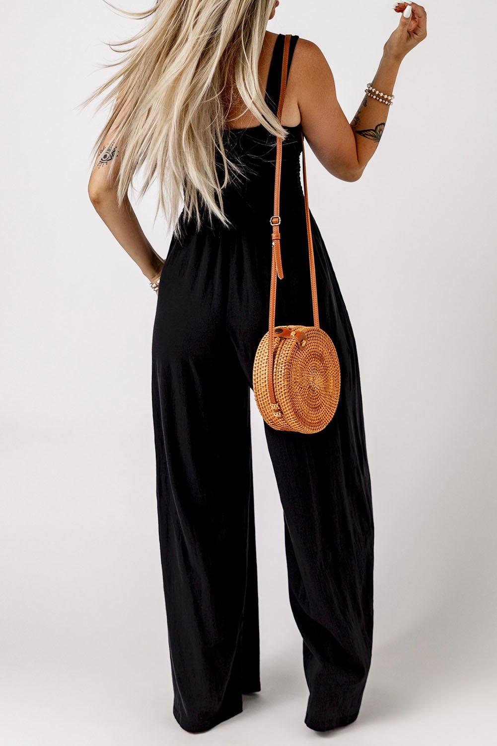 Crowned Energy CO. Black / S / 100%Polyester Dear-Lover Dropshipping Bottoms/Jumpsuits & Rompers Black Smocked Sleeveless Wide Leg Jumpsuit with Pockets