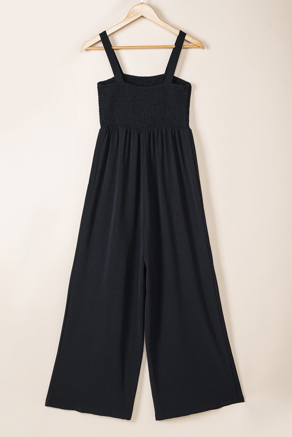 Crowned Energy CO. Black / S / 100%Polyester Dear-Lover Dropshipping Bottoms/Jumpsuits & Rompers Black Smocked Sleeveless Wide Leg Jumpsuit with Pockets