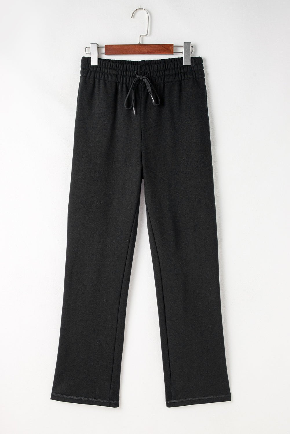 Black Solid Color Fleece Lined Drawstring Waist Casual Pants - Crowned Energy CO.