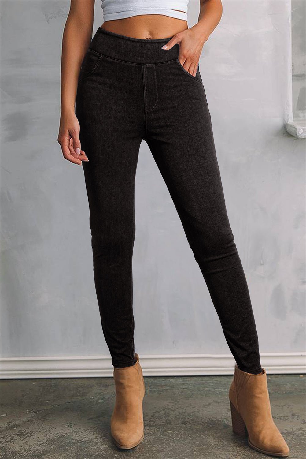 Black Solid Color High Waist Stretchy Slim Fit Jeggings - Crowned Energy CO.