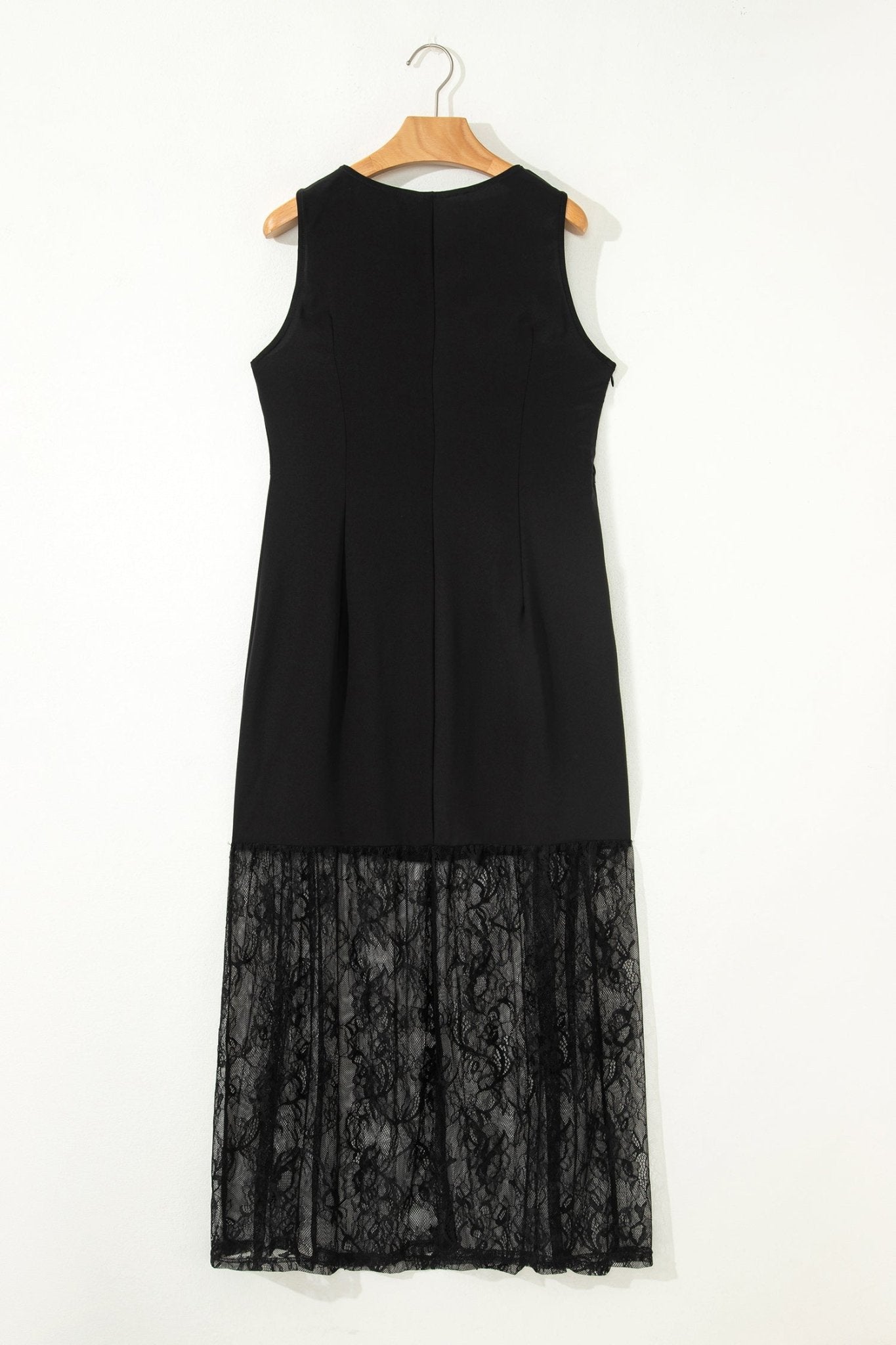 Black Solid Color Sleeveless Sheer Floral Lace Patchwork Long Dress - Crowned Energy CO.