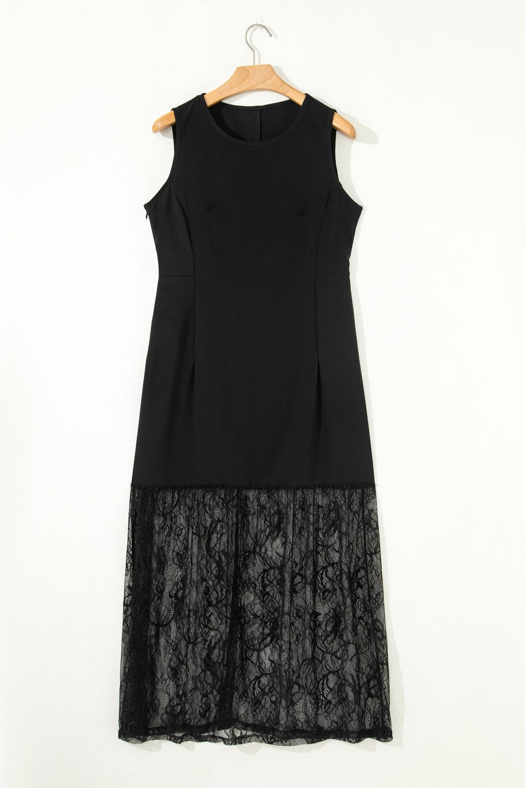 Black Solid Color Sleeveless Sheer Floral Lace Patchwork Long Dress - Crowned Energy CO.
