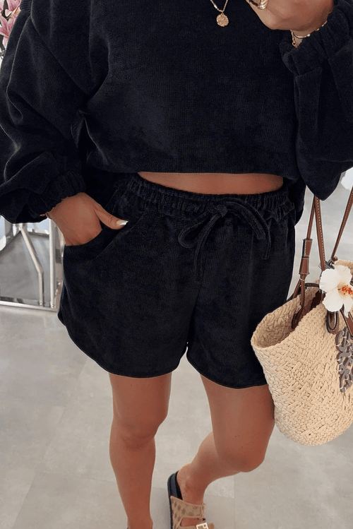 Crowned Energy CO. Black / S / 97%Polyester+3%Elastane Dear-Lover Dropshipping Two Piece Sets/Short Sets Black Solid Color Textured Knit Drop Shoulder Pullover Drawstring Shorts Set