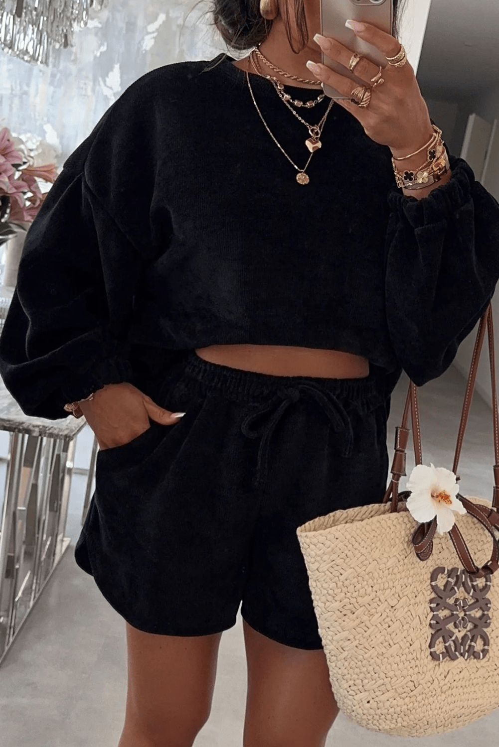 Crowned Energy CO. Black / S / 97%Polyester+3%Elastane Dear-Lover Dropshipping Two Piece Sets/Short Sets Black Solid Color Textured Knit Drop Shoulder Pullover Drawstring Shorts Set