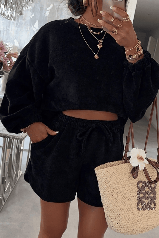 Crowned Energy CO. Black / S / 97%Polyester+3%Elastane Dear-Lover Dropshipping Two Piece Sets/Short Sets Black Solid Color Textured Knit Drop Shoulder Pullover Drawstring Shorts Set