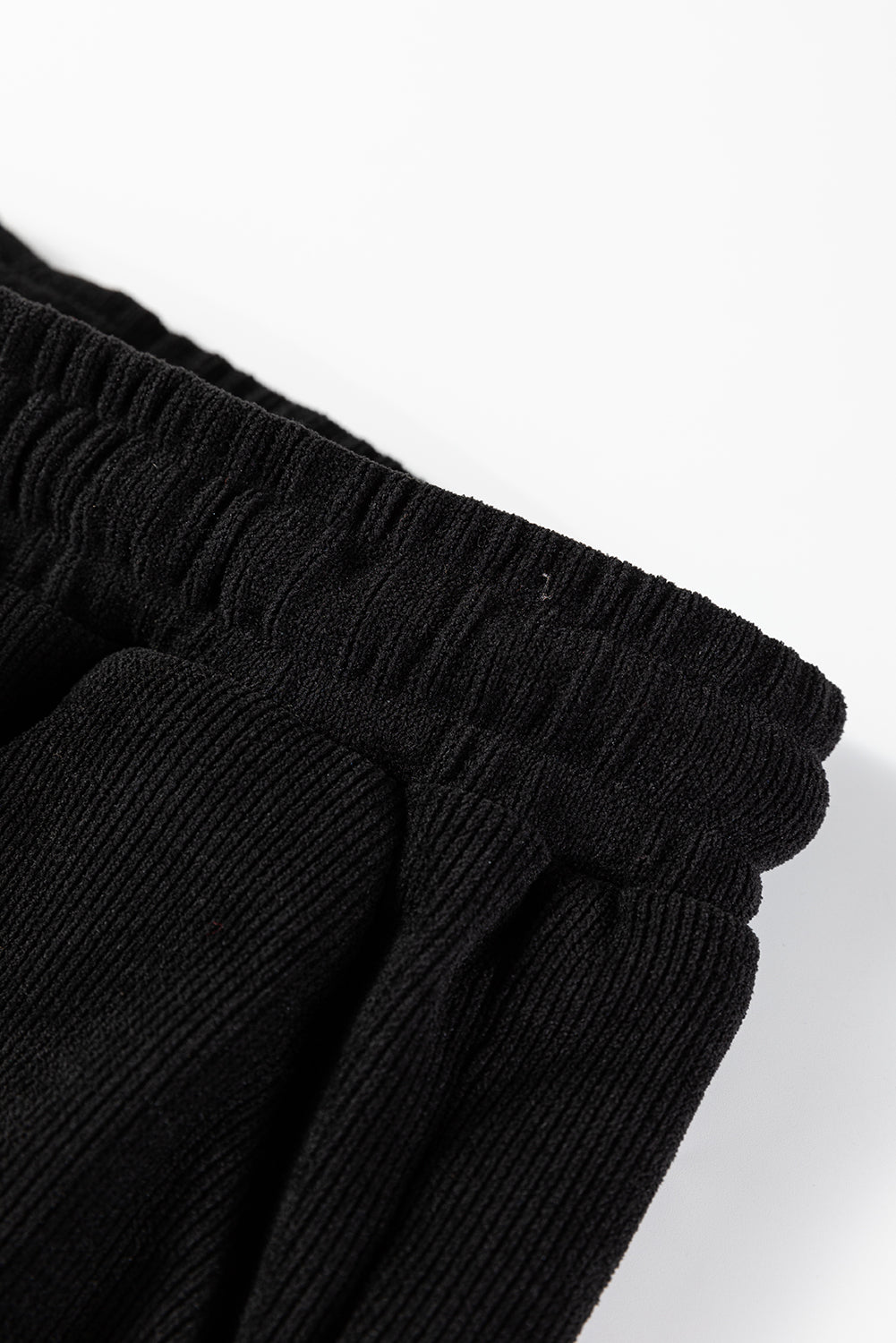 Crowned Energy CO. Black / S / 97%Polyester+3%Elastane Dear-Lover Dropshipping Two Piece Sets/Short Sets Black Solid Color Textured Knit Drop Shoulder Pullover Drawstring Shorts Set