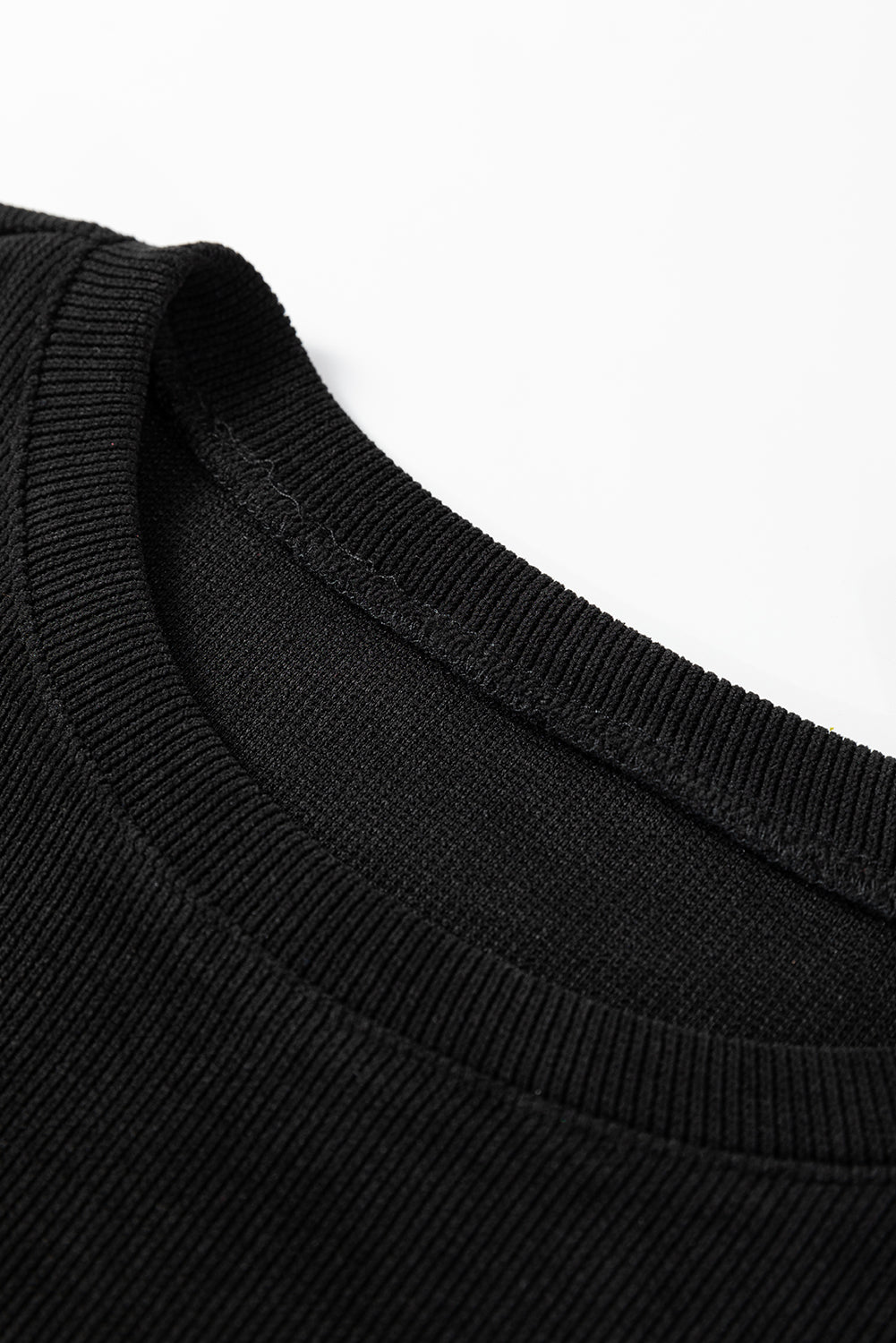 Crowned Energy CO. Black / S / 97%Polyester+3%Elastane Dear-Lover Dropshipping Two Piece Sets/Short Sets Black Solid Color Textured Knit Drop Shoulder Pullover Drawstring Shorts Set