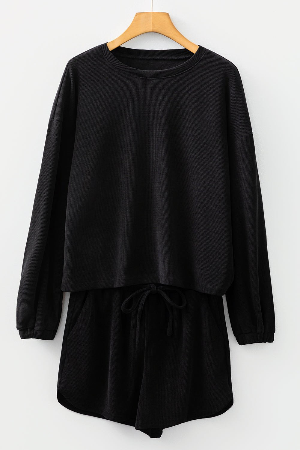 Crowned Energy CO. Black / S / 97%Polyester+3%Elastane Dear-Lover Dropshipping Two Piece Sets/Short Sets Black Solid Color Textured Knit Drop Shoulder Pullover Drawstring Shorts Set