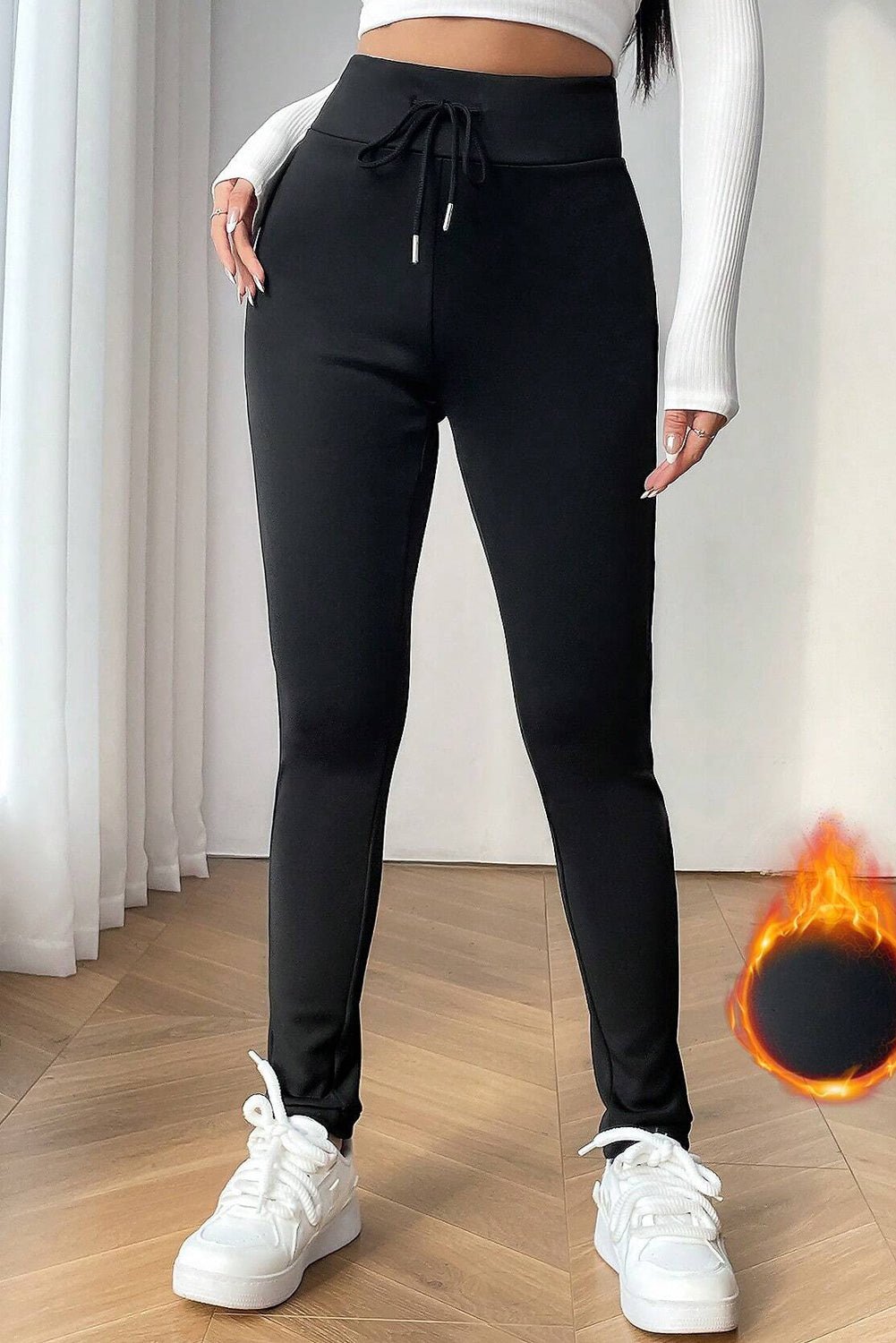 Crowned Energy CO. Black / S / 70%Polyester+27%Viscose+3%Elastane Dear-Lover Dropshipping Bottoms/Leggings Black Solid Drawstring Waist Thermal Lined Leggings
