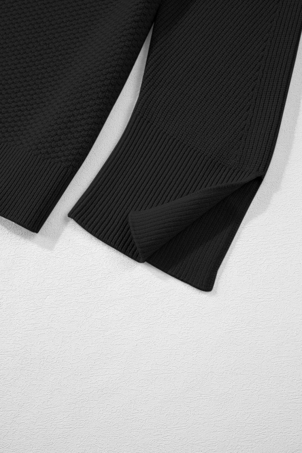 Black Solid Textured Knit Split Cuff Drop Shoulder Loose Sweater - Crowned Energy CO.