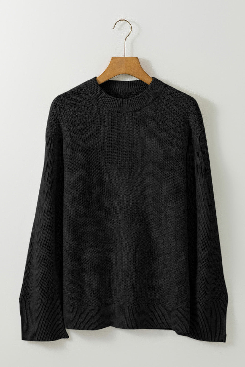 Black Solid Textured Knit Split Cuff Drop Shoulder Loose Sweater - Crowned Energy CO.