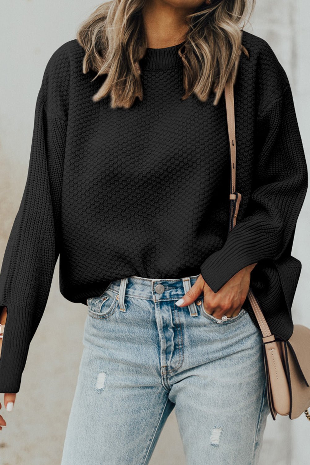 Black Solid Textured Knit Split Cuff Drop Shoulder Loose Sweater - Crowned Energy CO.