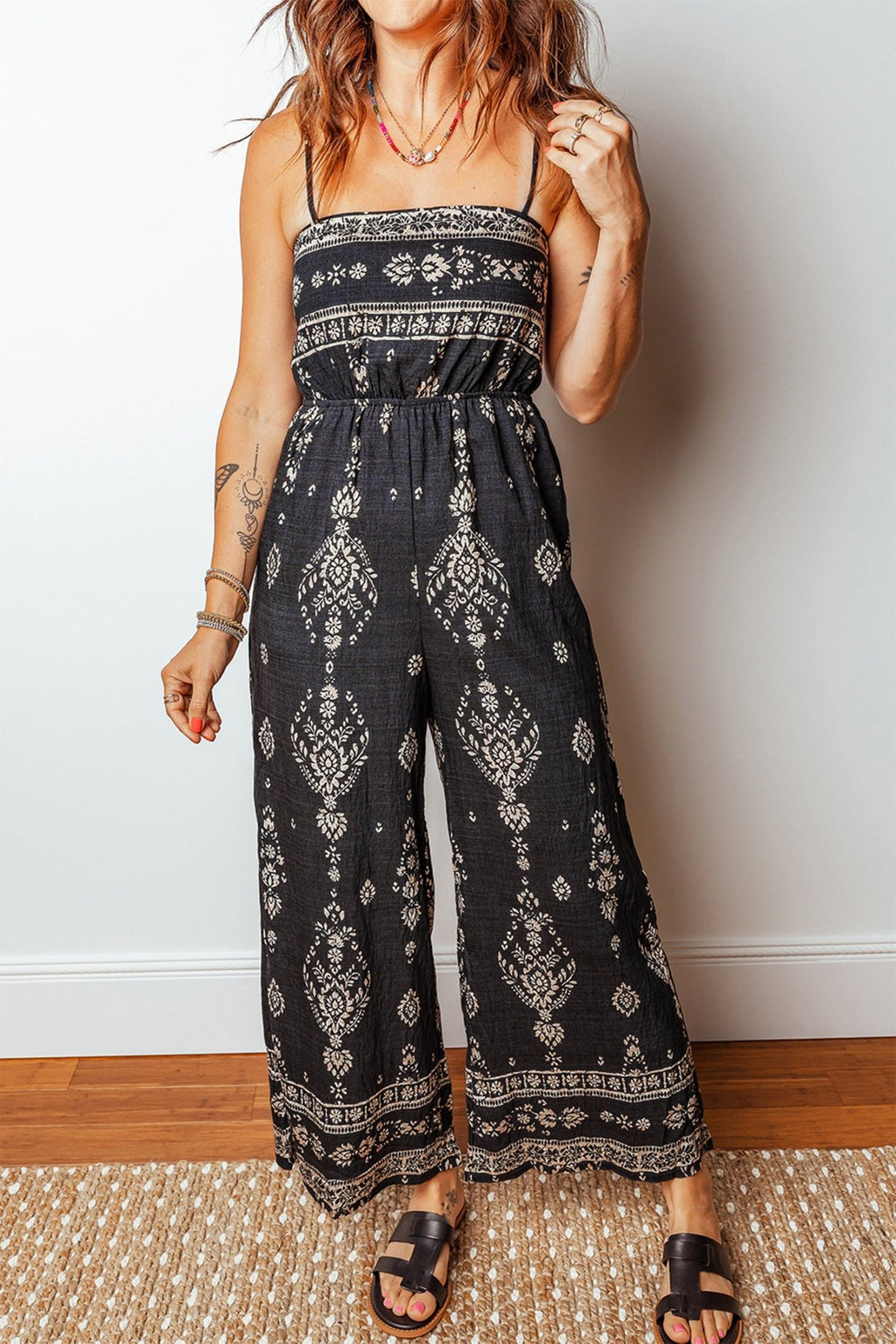 Black Spaghetti Straps Elastic Waist Loose Ethnic Print Jumpsuit - Crowned Energy CO.