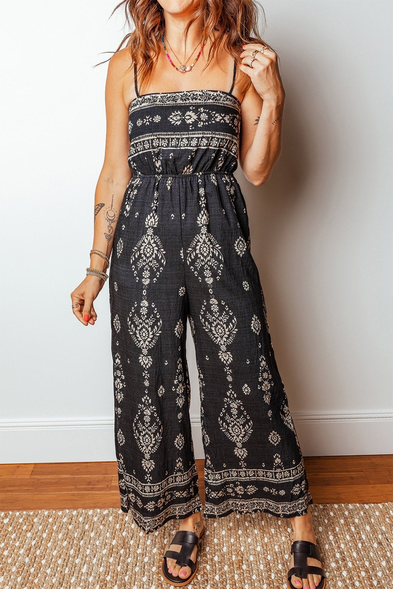 Black Spaghetti Straps Elastic Waist Loose Ethnic Print Jumpsuit - Crowned Energy CO.