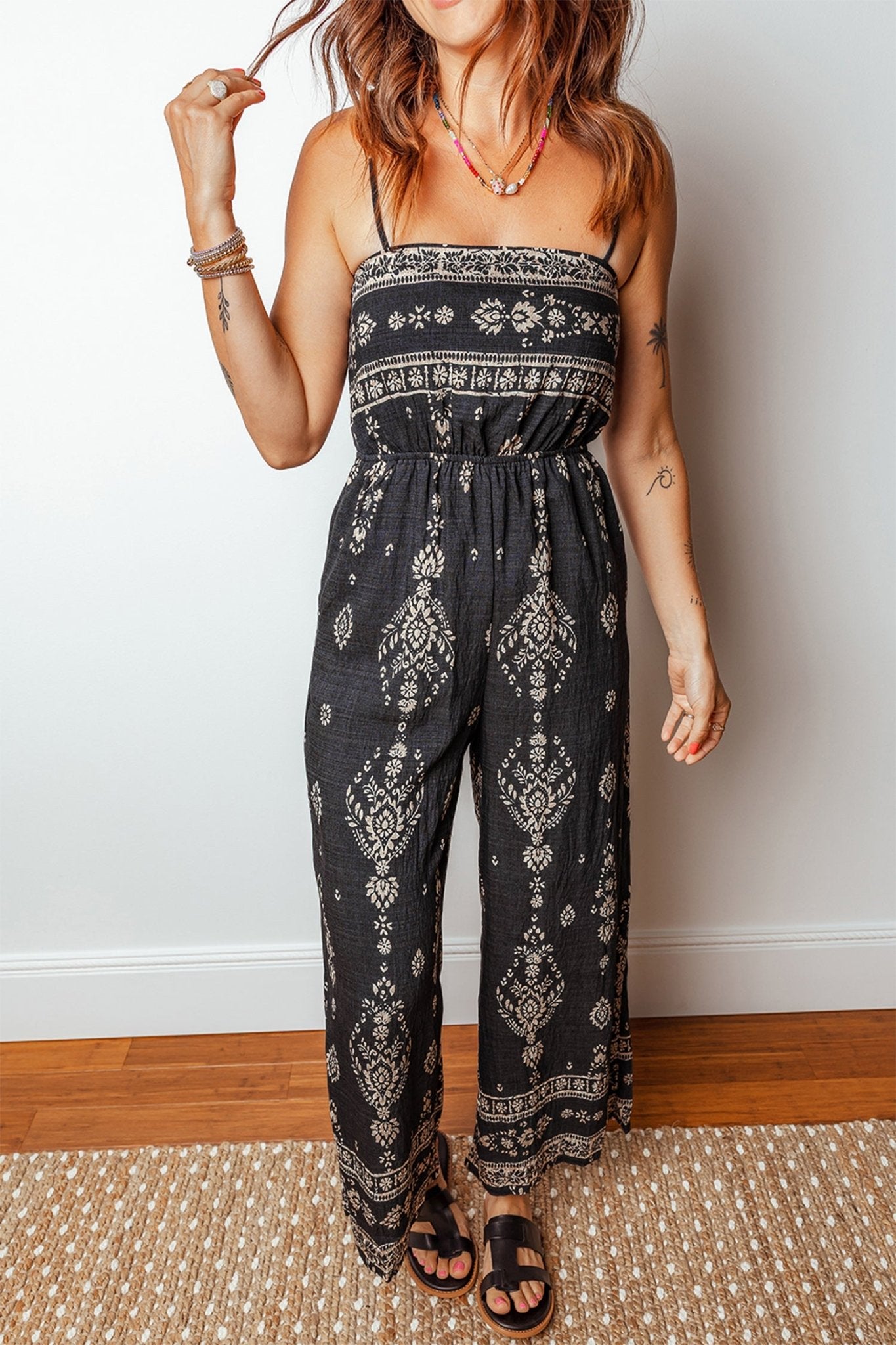 Black Spaghetti Straps Elastic Waist Loose Ethnic Print Jumpsuit - Crowned Energy CO.