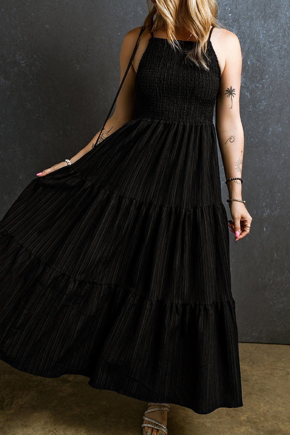 Black Spaghetti Straps Smocked Pleated Tiered Maxi Dress - Crowned Energy CO.