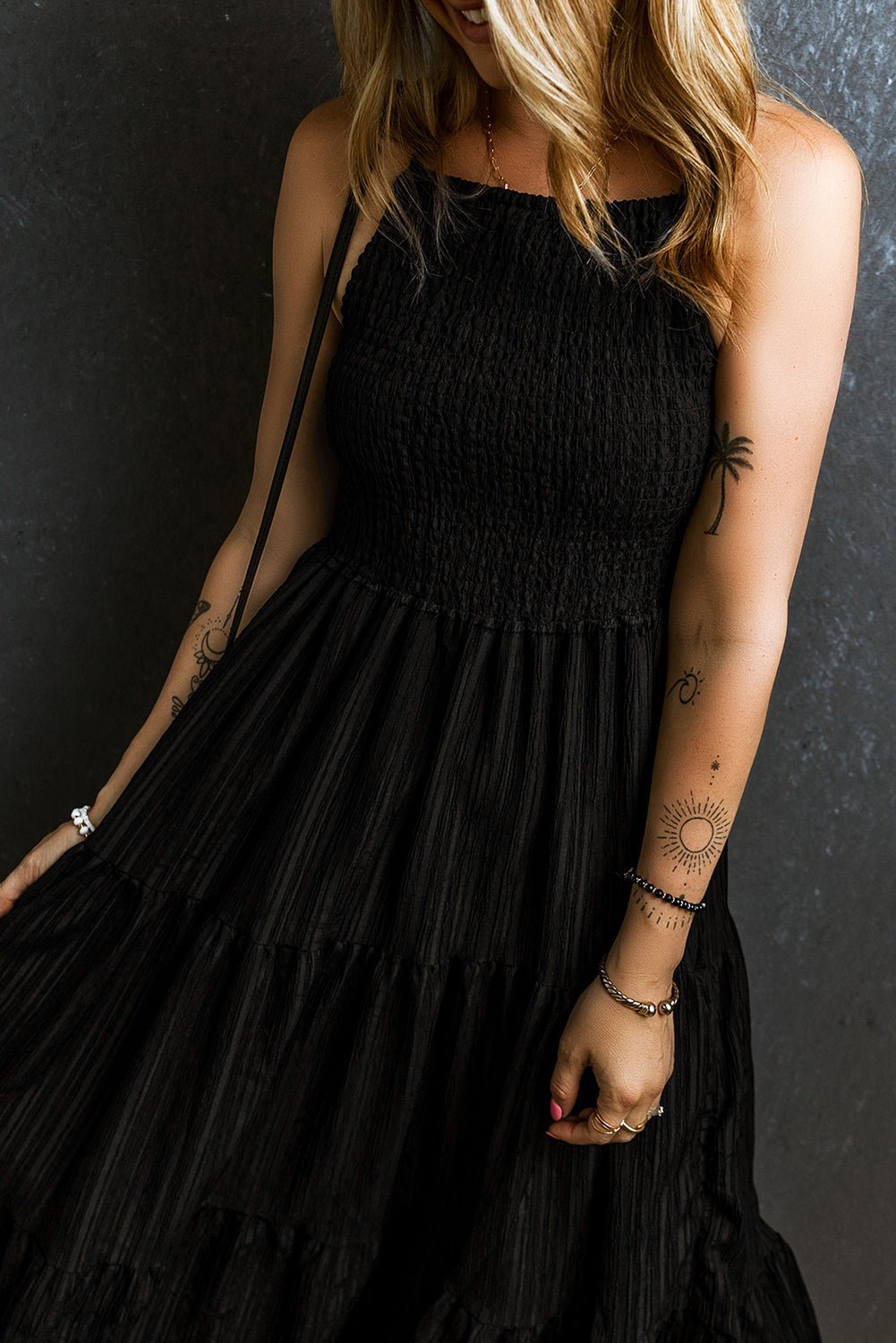 Black Spaghetti Straps Smocked Pleated Tiered Maxi Dress - Crowned Energy CO.