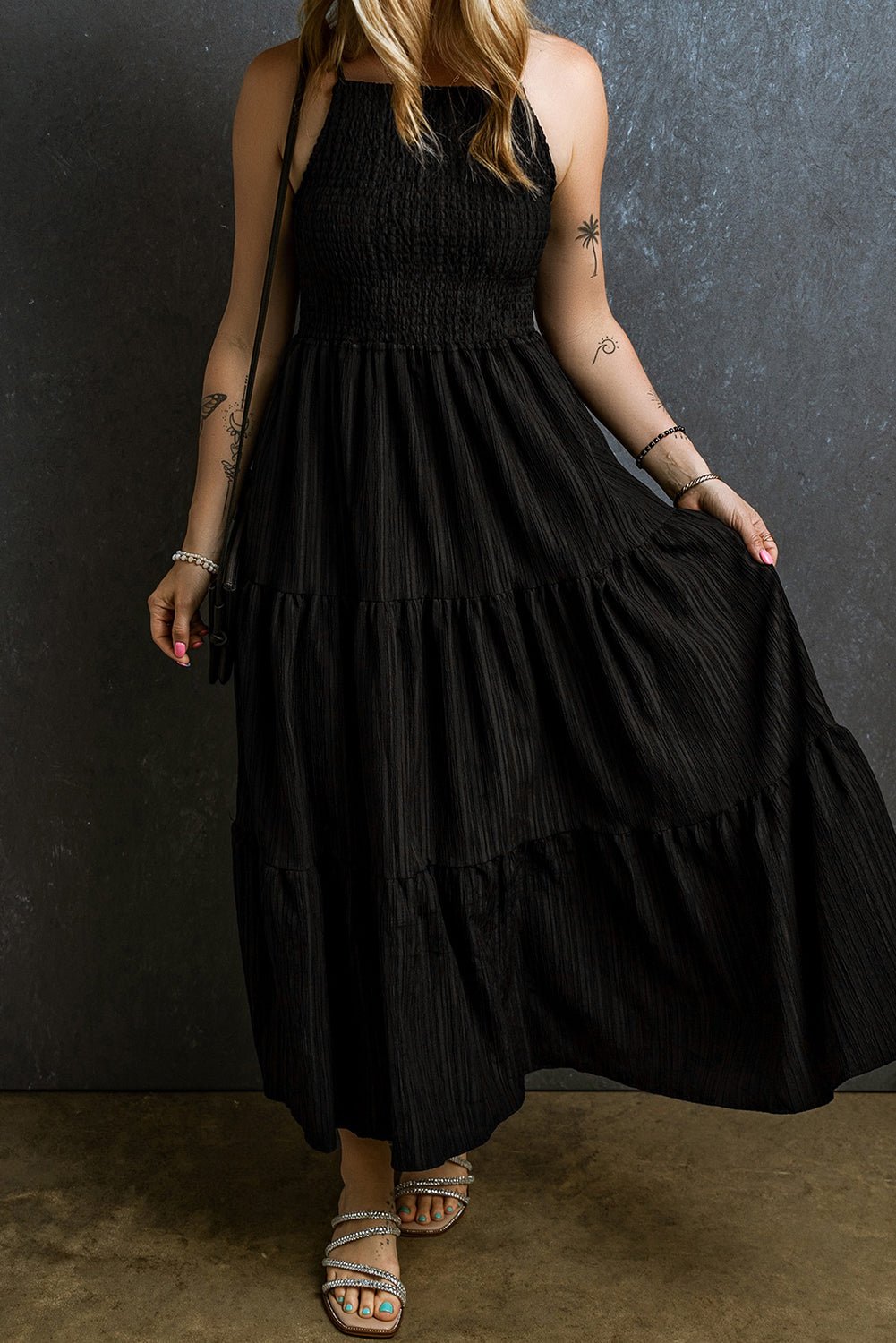 Black Spaghetti Straps Smocked Pleated Tiered Maxi Dress - Crowned Energy CO.