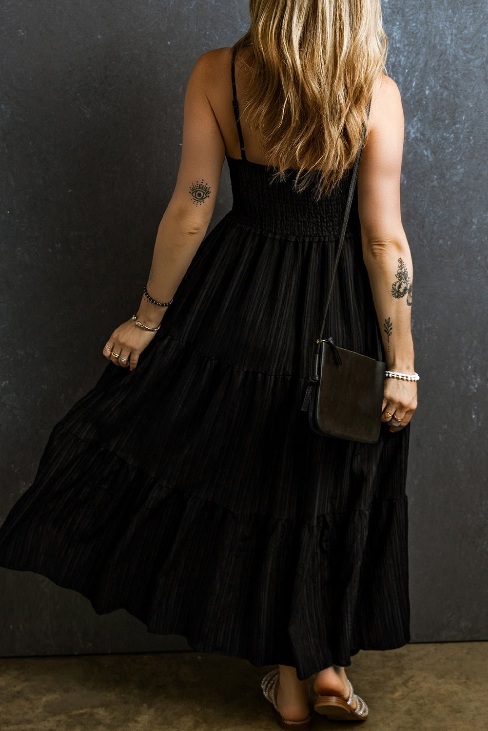 Black Spaghetti Straps Smocked Pleated Tiered Maxi Dress - Crowned Energy CO.