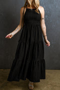 Black Spaghetti Straps Smocked Pleated Tiered Maxi Dress - Crowned Energy CO.