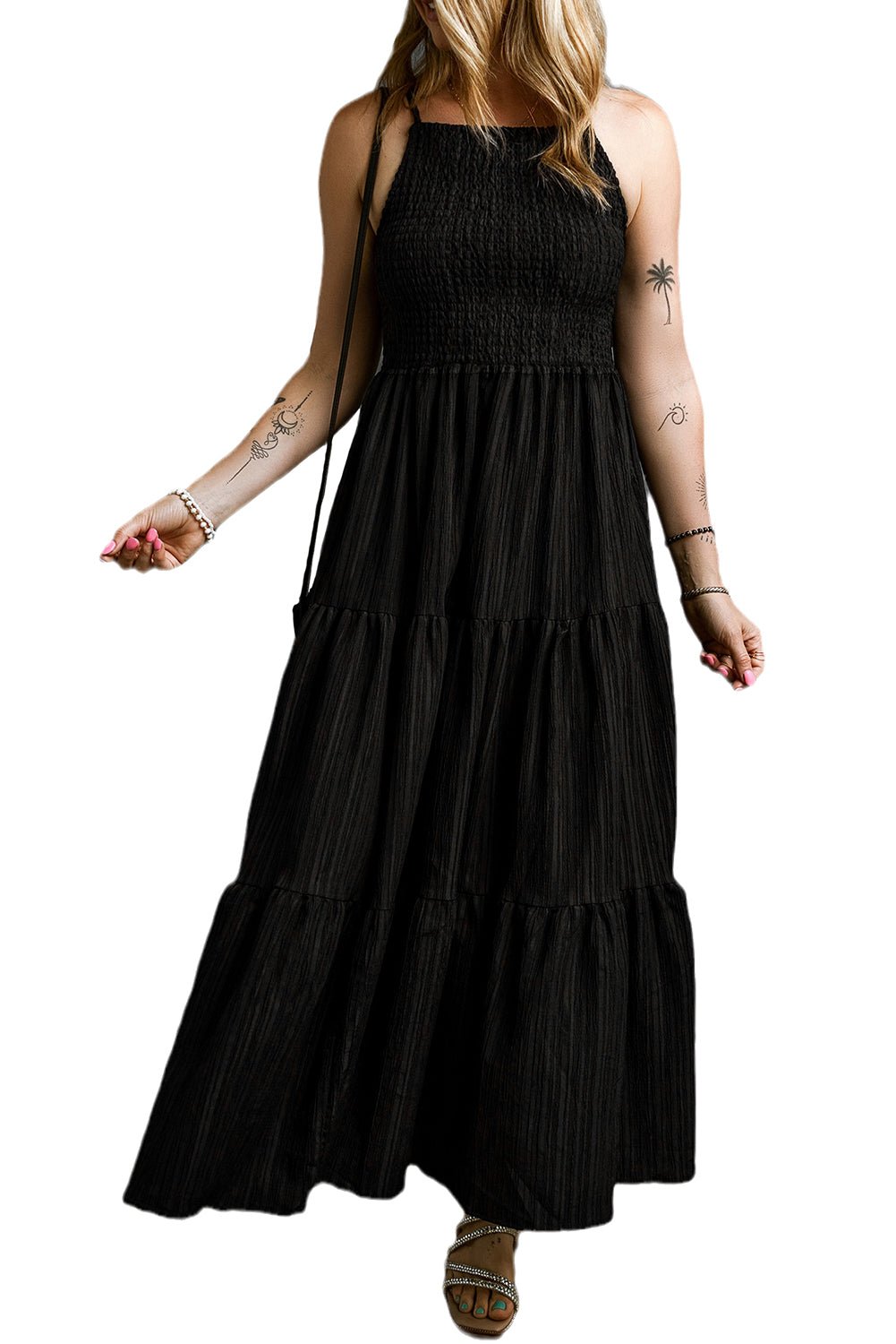 Black Spaghetti Straps Smocked Pleated Tiered Maxi Dress - Crowned Energy CO.
