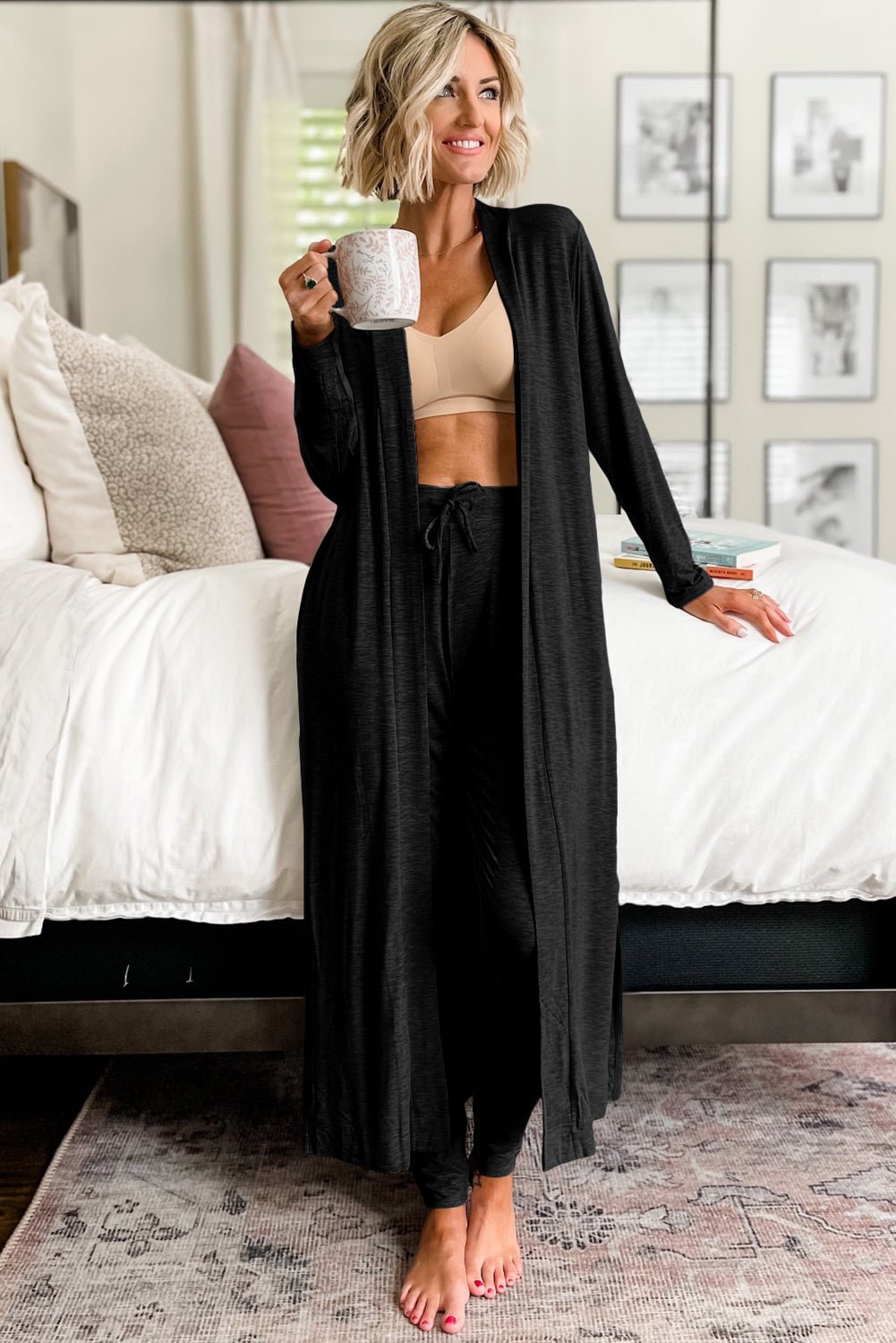 Black Split Long Cardigan and Skinny Pants Lounge Set - Crowned Energy CO.