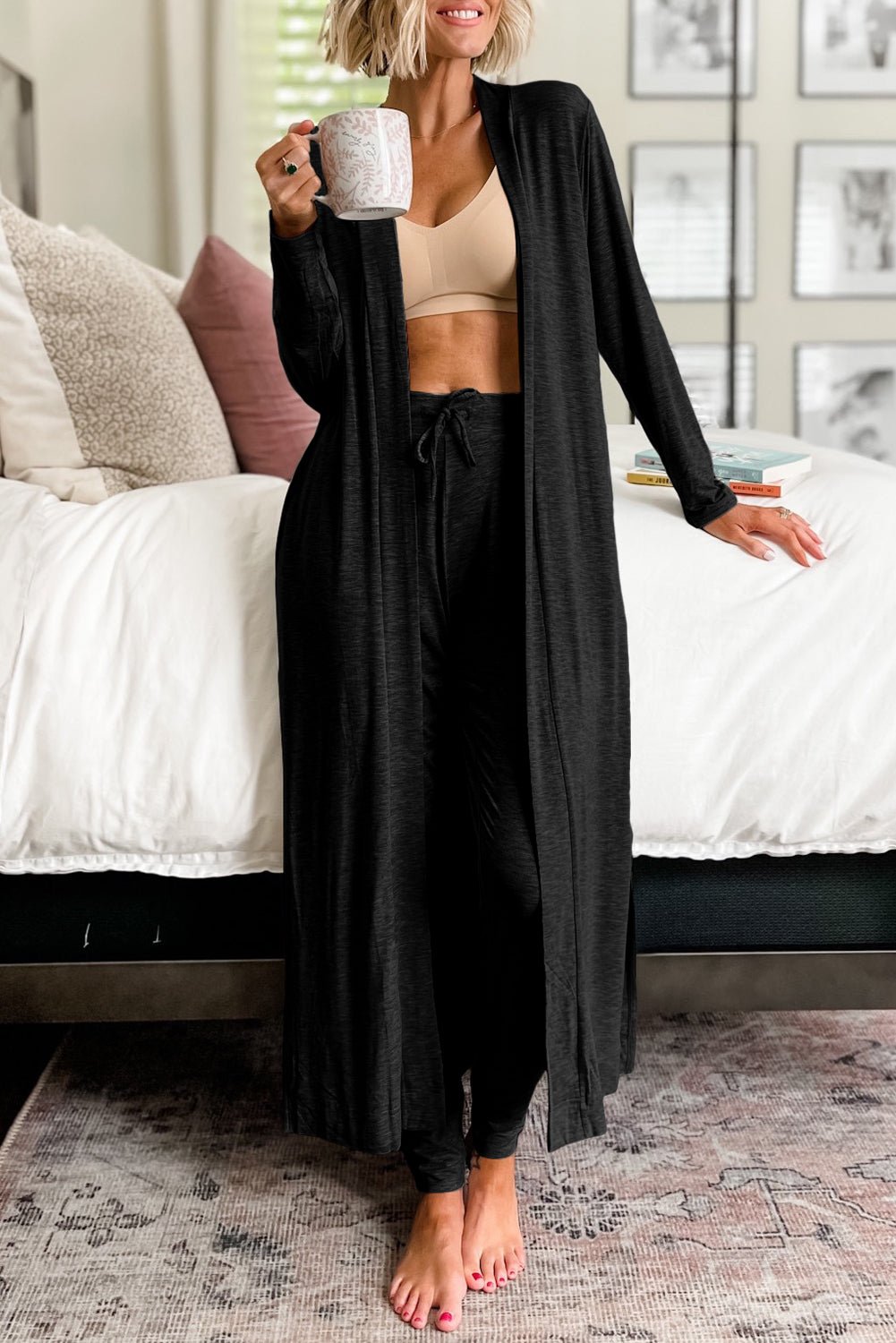 Black Split Long Cardigan and Skinny Pants Lounge Set - Crowned Energy CO.