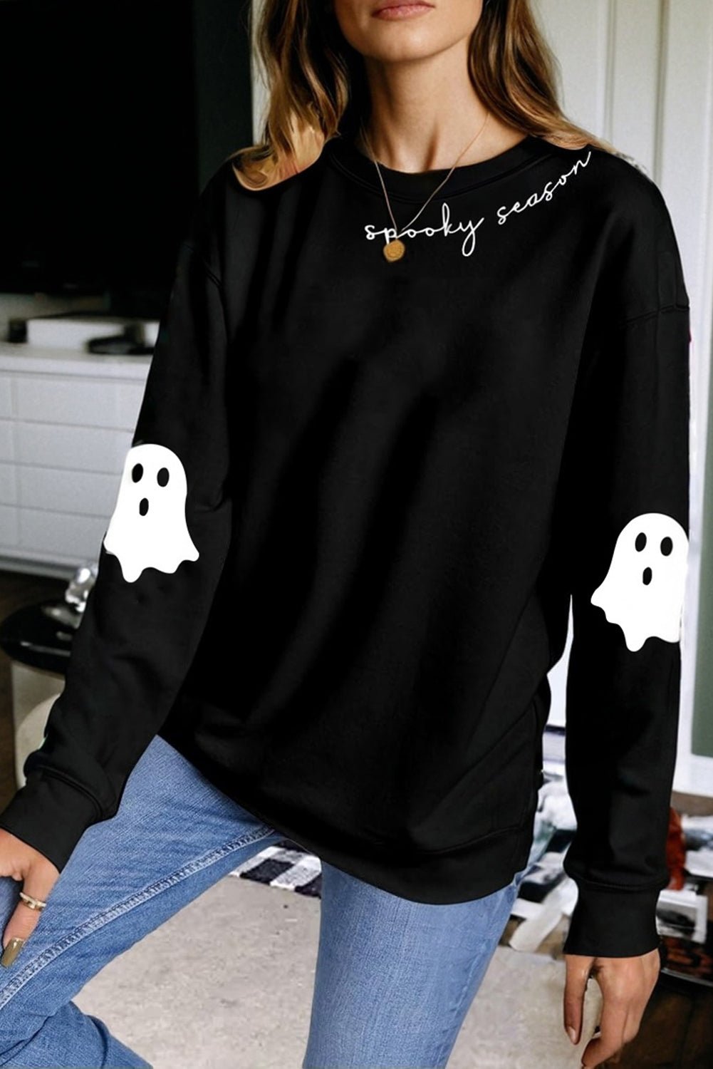 Crowned Energy CO. Black / S / 50%Polyester+50%Cotton Dear-Lover Dropshipping Graphic/Graphic Sweatshirts Black Spooky Season Halloween Ghost Printed Drop Shoulder Sweatshirt