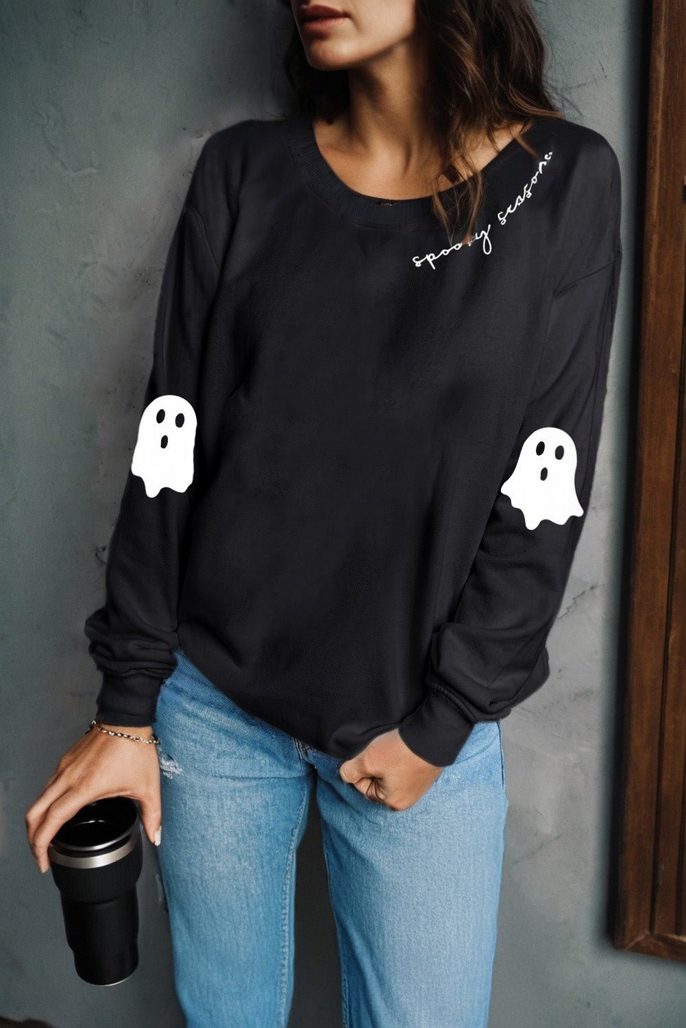Crowned Energy CO. Black / S / 50%Polyester+50%Cotton Dear-Lover Dropshipping Graphic/Graphic Sweatshirts Black Spooky Season Halloween Ghost Printed Drop Shoulder Sweatshirt