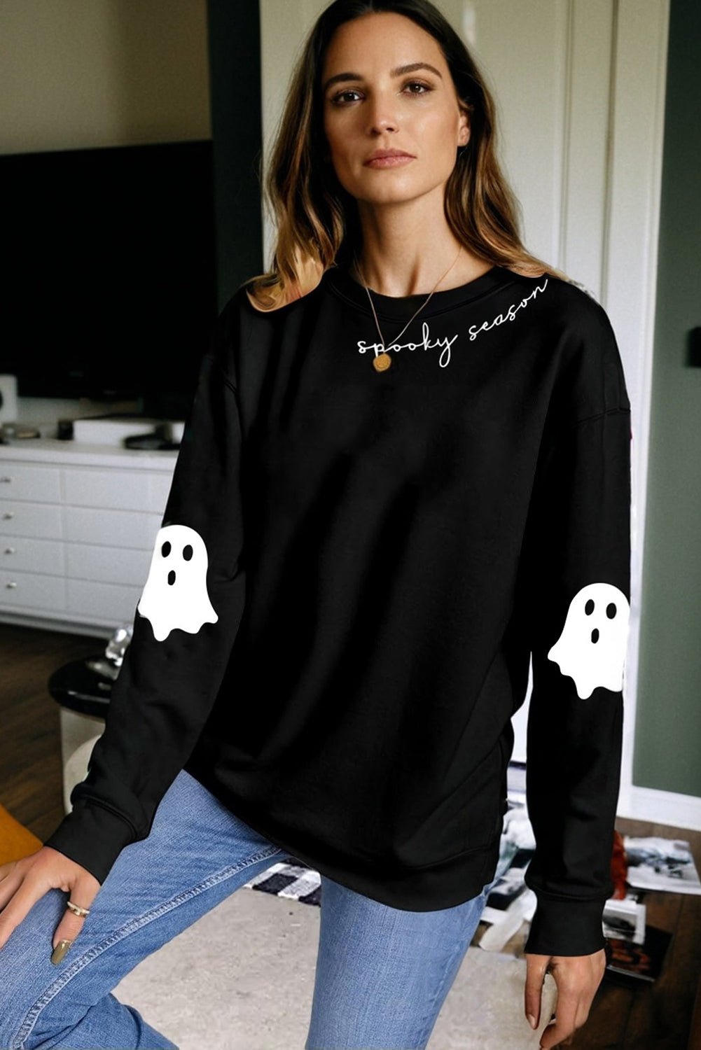 Crowned Energy CO. Black / S / 50%Polyester+50%Cotton Dear-Lover Dropshipping Graphic/Graphic Sweatshirts Black Spooky Season Halloween Ghost Printed Drop Shoulder Sweatshirt
