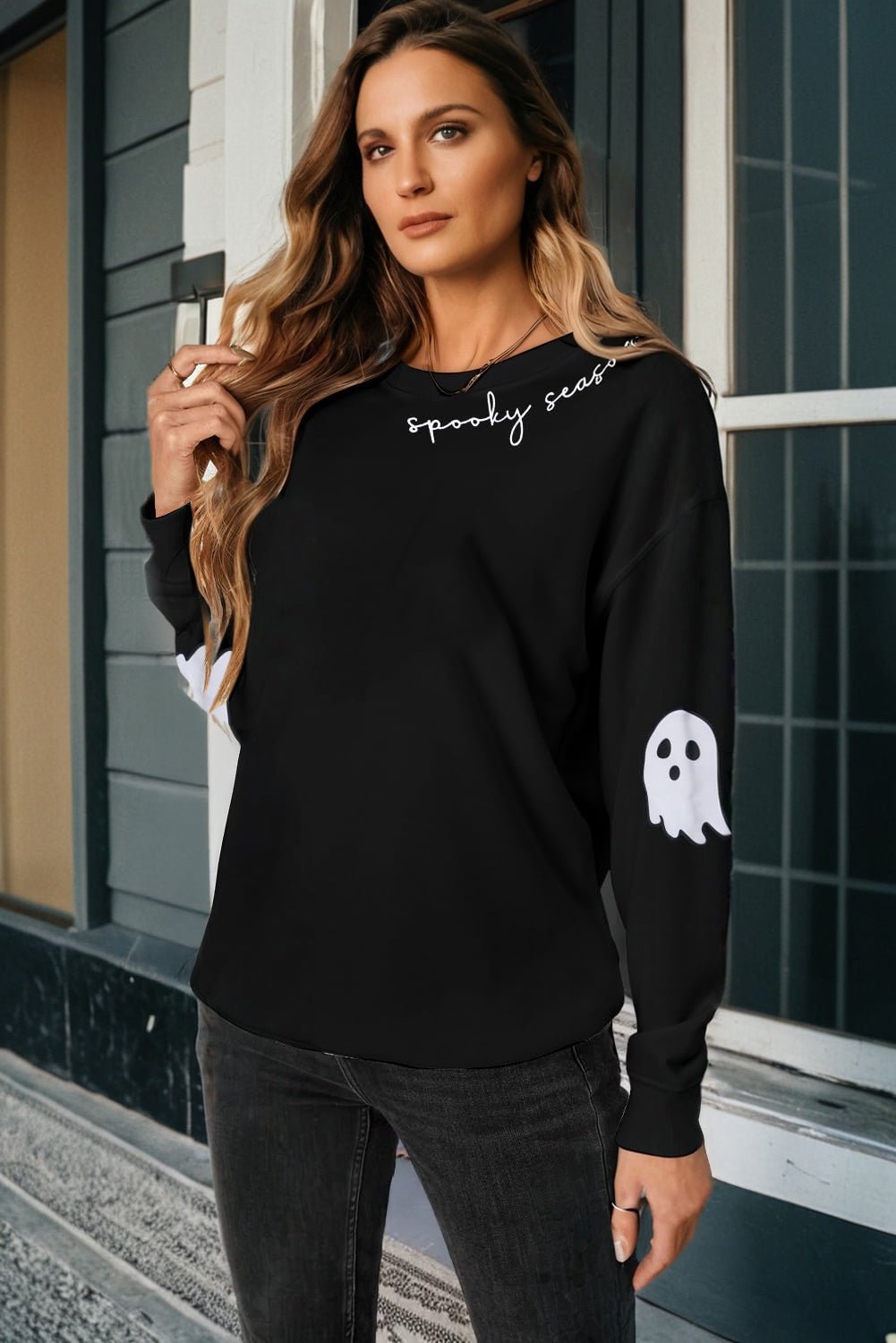 Crowned Energy CO. Black / S / 50%Polyester+50%Cotton Dear-Lover Dropshipping Graphic/Graphic Sweatshirts Black Spooky Season Halloween Ghost Printed Drop Shoulder Sweatshirt
