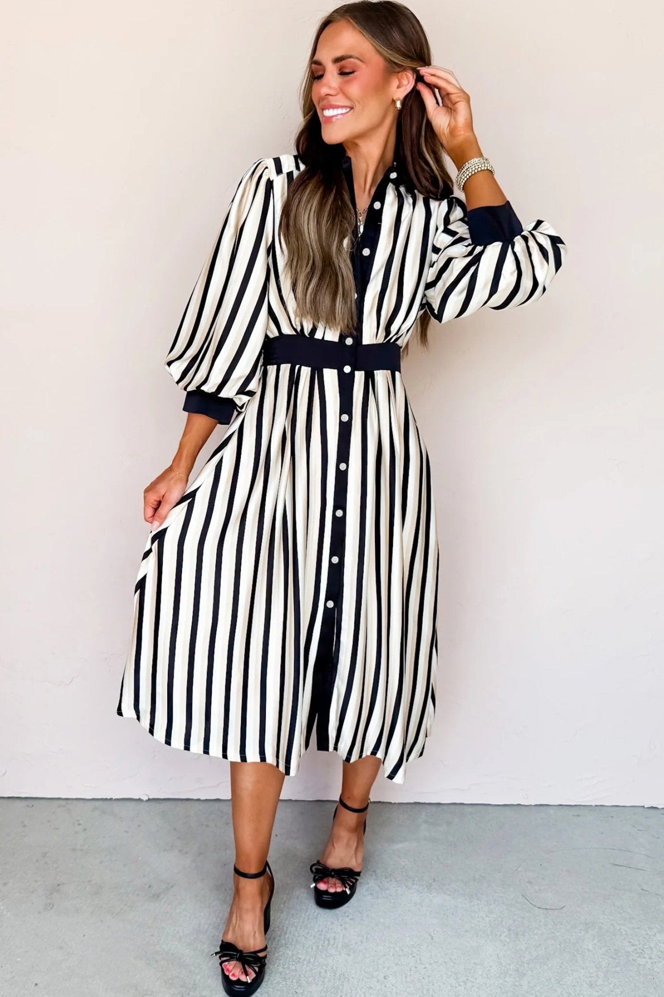 Black Stripe 3/4 Puff Sleeve Shirt Style Button Down Midi Dress - Crowned Energy CO.
