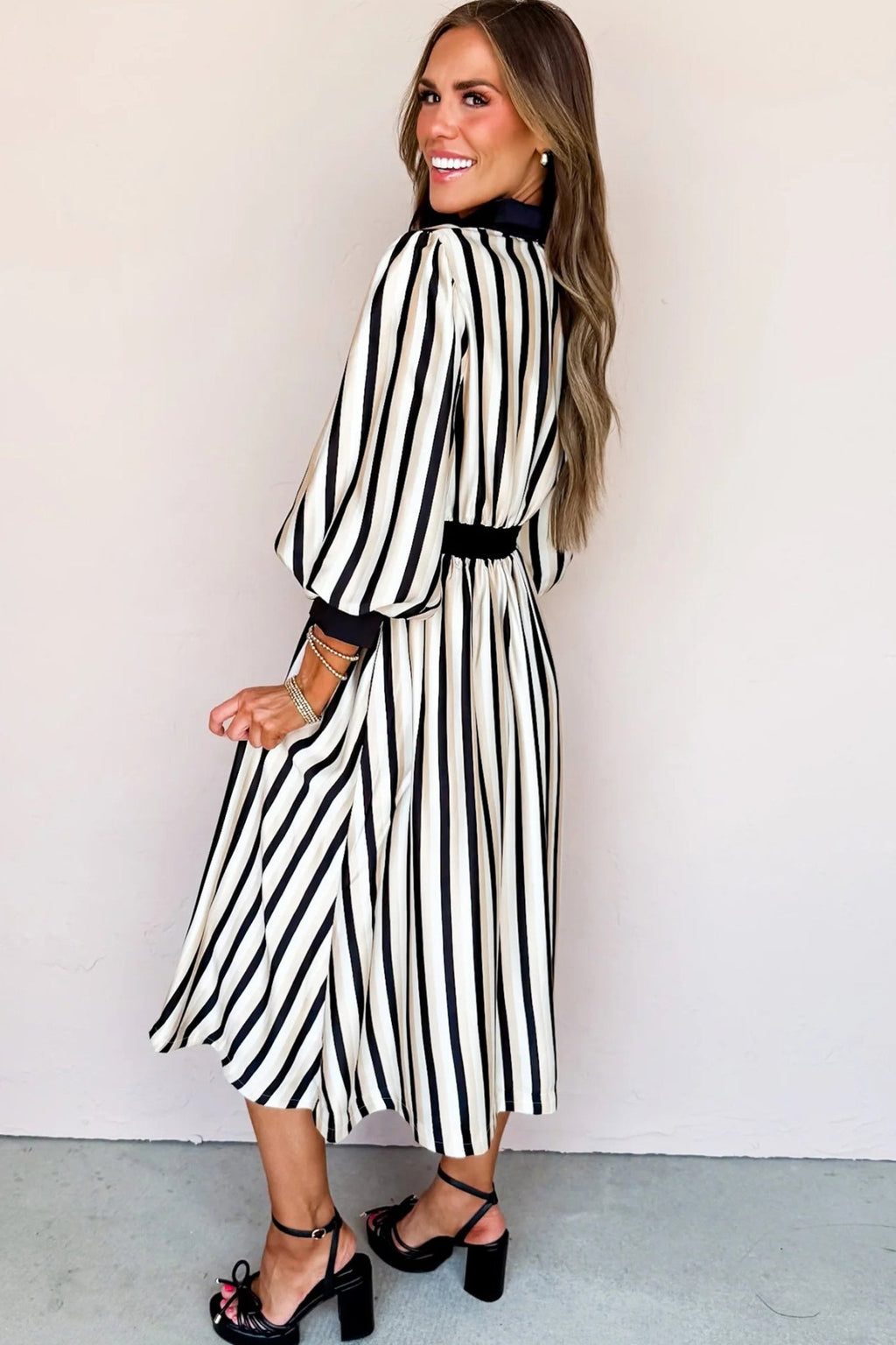 Black Stripe 3/4 Puff Sleeve Shirt Style Button Down Midi Dress - Crowned Energy CO.