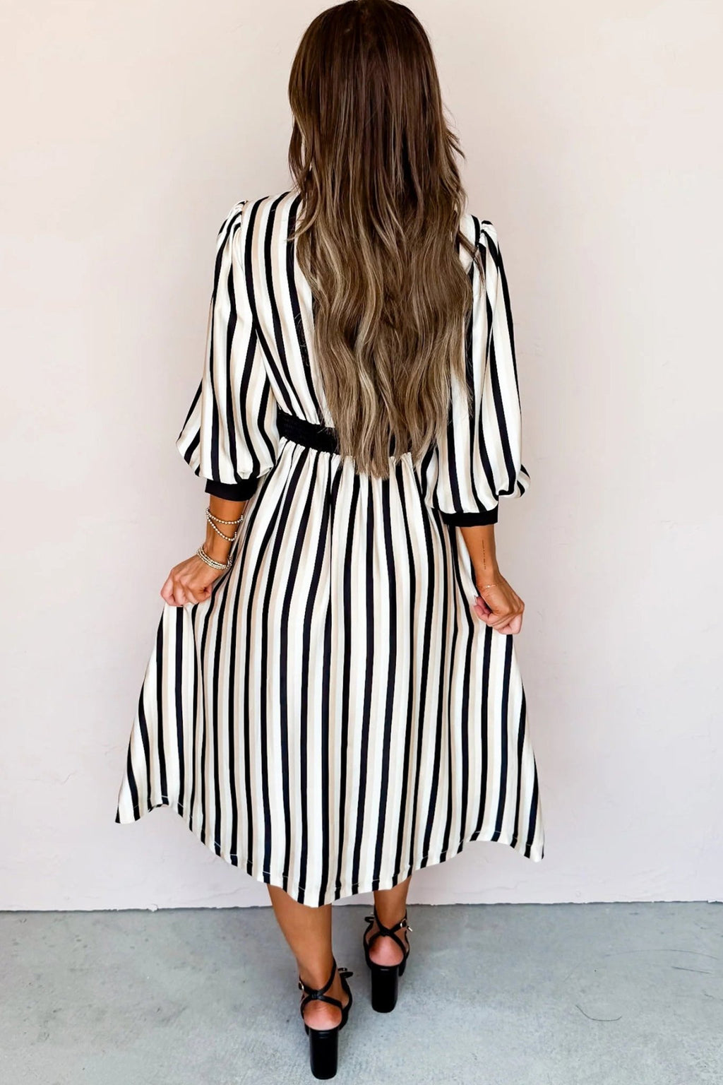 Black Stripe 3/4 Puff Sleeve Shirt Style Button Down Midi Dress - Crowned Energy CO.