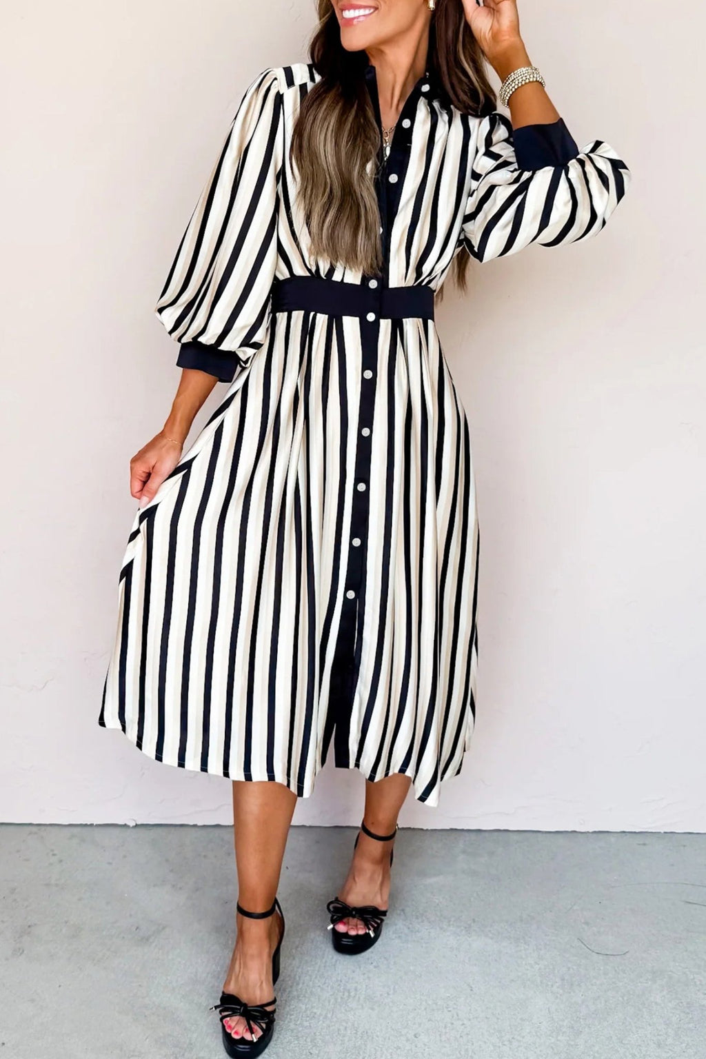 Black Stripe 3/4 Puff Sleeve Shirt Style Button Down Midi Dress - Crowned Energy CO.