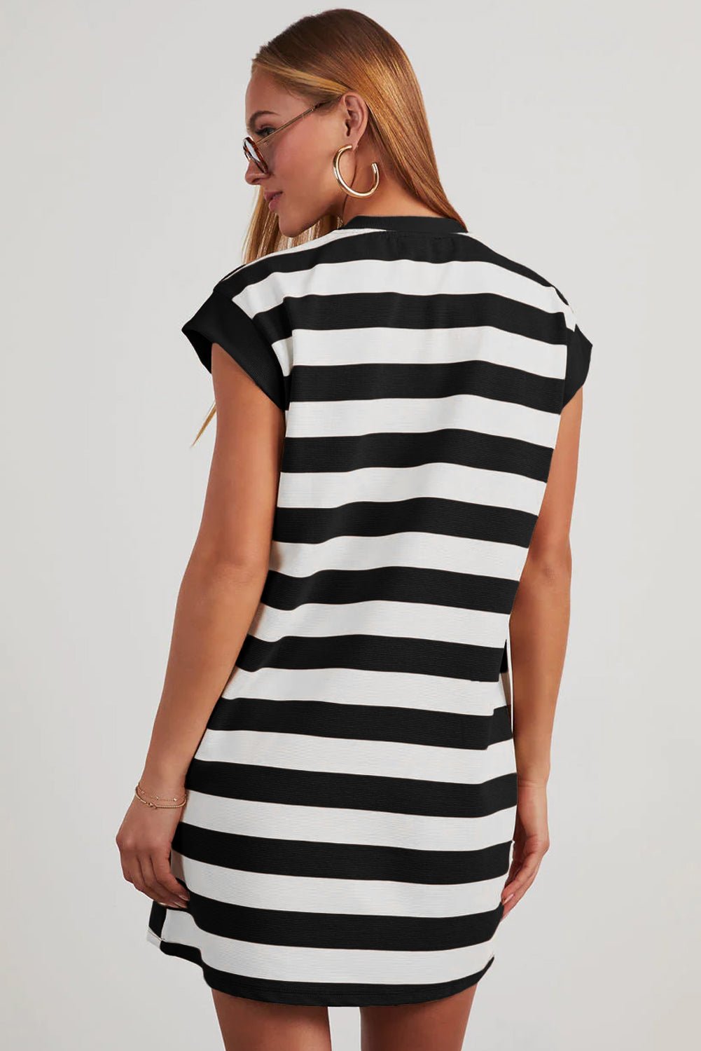 Black Stripe Cap Sleeve Shift T Shirt Dress - Crowned Energy CO.
