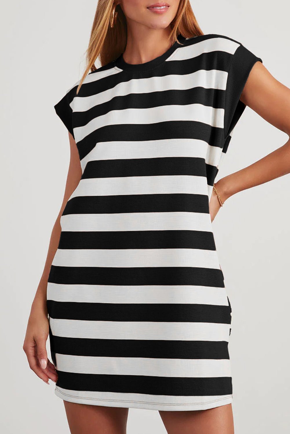 Black Stripe Cap Sleeve Shift T Shirt Dress - Crowned Energy CO.